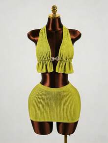 Solea Vida Conjunto de 2 piezas para mujer: Top de cuello halter en tela texturizada verde, uso casual/de viaje/vacaciones, hebilla metálica, bajo con volantes; Minifalda ajustado, primavera/verano - Verde - Ver 5