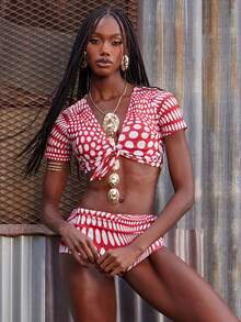NYA SZN Swimwear 2 Pieces Boyshort Tie Front Polka Dot Printed Short Sleeve Versatile Y2k Memorial Day Mothers Day Picnic Brunch Festival Casual Sexy Cool Girl Everyday Going Out Party Special Occasion Travel Vacation Office Siren Western Country Date Night Elegant Luxury Business Casual Event Wedding Formal Brunch Office Street Style Spring Summer Statement Kings Day Bridal Shower Outfits For Women - Red and White - View 1