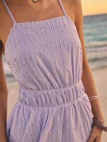 Aralina Striped And Polka Dot Cinched Waist Backless Strappy Back Summer Dresses For Women Sleeveless Design Spaghetti Straps Straight Neckline Elastic Waist Asymmetric Hanky Hem Flowy Silhouette Mini Length Feminine Style Vacation Outfits Beach Dress Casual Going Out Dress Lavender Mini Dress Festival - Mauve Purple - View 5