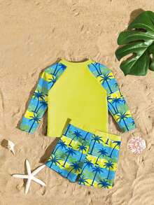 New Fashion Baby Boys Swimwear, Two-Piece Long Sleeve Shorts Swimsuit - Blue - View 2