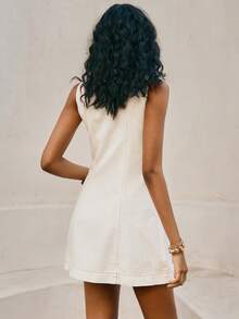 Poéselle Women's V-Neck Single-Breasted Dual Pocket Casual Sleeveless Denim Dress - White - View 2