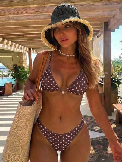 Swim Mod 2026 New Women's Swimwear ArrivalFor School,Suitable For Holiday, Date, Afternoon Tea, Western, Cruise, Beach, Island, Road Trip, All Seasons, Music Festival, Boho Vacation,Bohemian Vacation, Chill Autumn ,Western Boho ,Elegant Tops For Women Cute Brown & Pink Polka Dot Sexy & Adorable Women Beach Vacation Swimsuit Set Polka Dot Bikini Bikini With Charm Polka Dot Bathing Suit Tie Bikini Bikini Set Vacation Pokadot Bikini Brown And Pink Polka Dot Bikini Halter Bikini