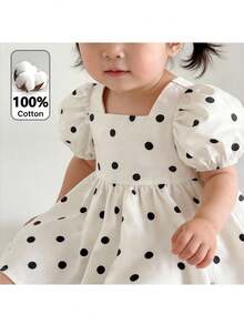 Loomiva Baby Girl Polka Dot Pattern Square Neck Puff Sleeve Waist Cinched Dress - Beige - View 1
