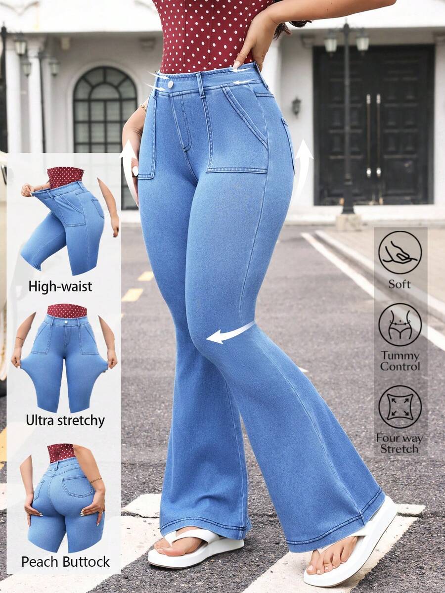 Flexra Jeans acampanados de uso diario versátil y casual con bolsillos y botones para mujer - Azul - Ver 1