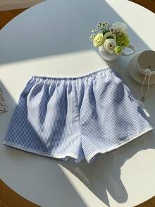 Comfortcana Quần short nữ kẻ sọc bằng vải lanh, thiết kế cài nút, dáng rộng, kiểu dáng thường ngày, màu xanh dương, hàng mới về 2026, thích hợp cho mùa xuân/hè, đi biển, nghỉ mát, dạo phố, ngày Valentine. - Màu xanh lam - Xem 2