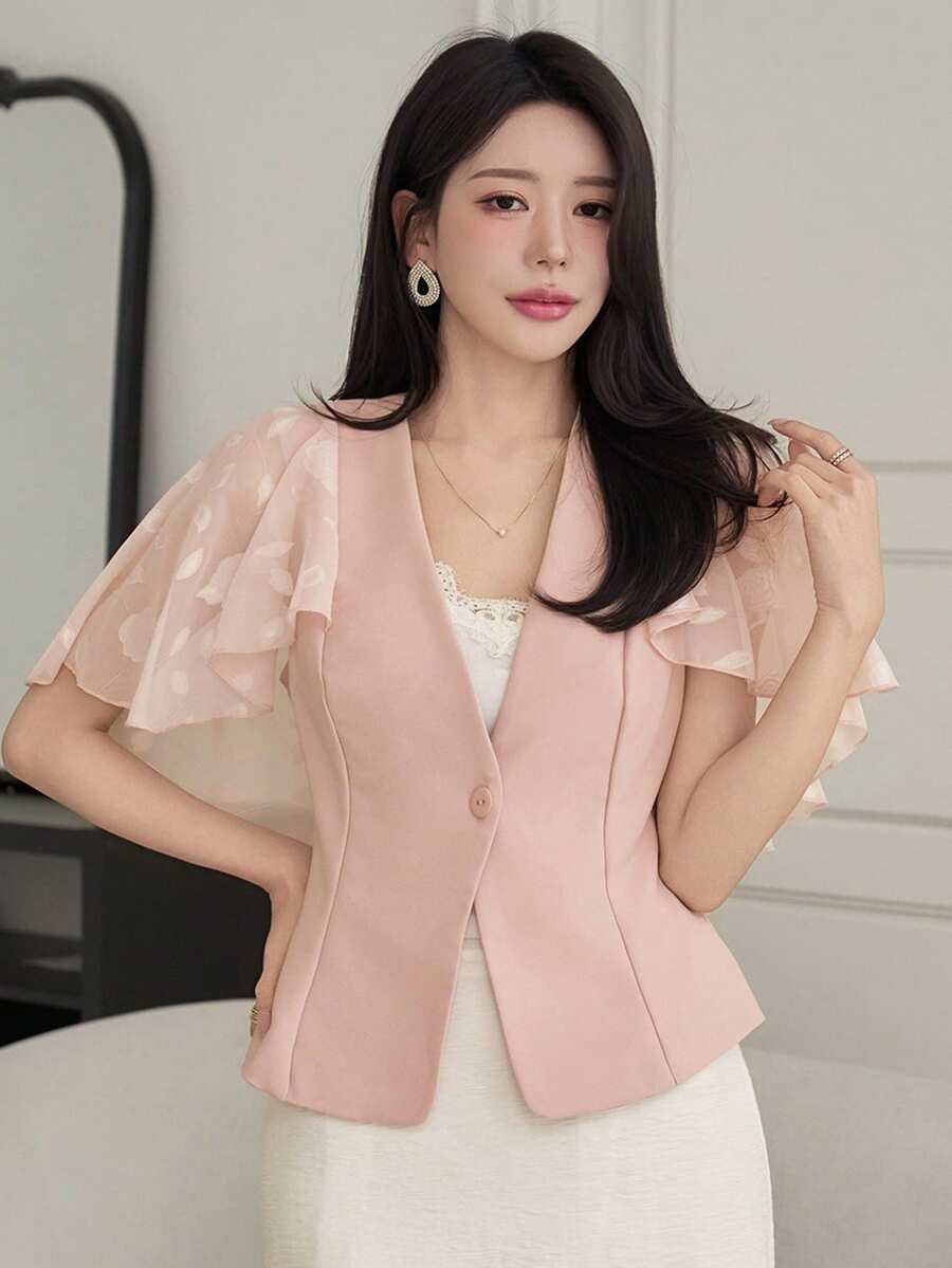 DAZY Women's Elegant Lace Patchwork V-Neck Ruffle Sleeve Blazer Jacket, Summer - Pink - View 1
