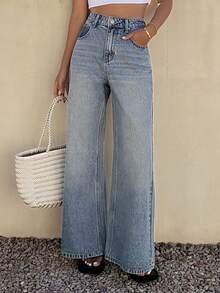 Livesso Women's High Waist Pockets Wide Leg Loose Casual Versatile Jeans - Blue - View 1