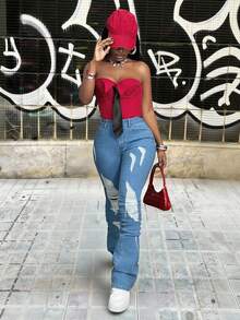 Slaydiva Women's Distressed Skinny Flare Casual Street Wear Denim Jeans - Blue - View 7