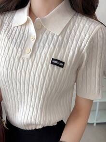 FRIFUL Women's Casual Basic Braided Knit Short Sleeve Top, Versatile For Daily Wear Summer Back-To-School Golf White - Beige - View 6