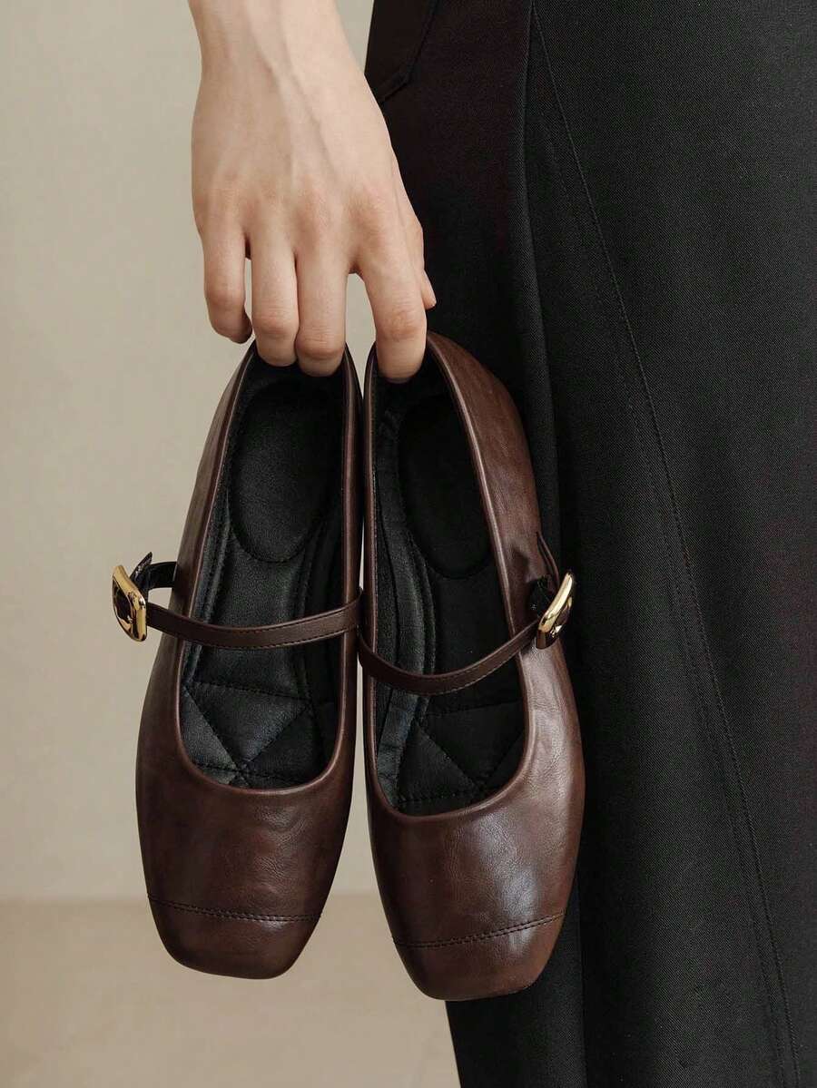 女式低帮玛丽珍平底鞋，法式复古风格，柔软皮革，春秋季