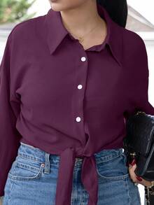 Melissa Matos 法式优雅梭织翻领长袖系带开衫，新款夏季白色女式衬衫 - 中紫紅色 - 查看 3