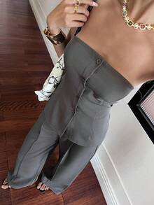 Livesso Ensemble 2 pièces Top sans bretelles unicolore et pantalon, tenue de loisirs d'été pour femmes - Gris - Voir 1