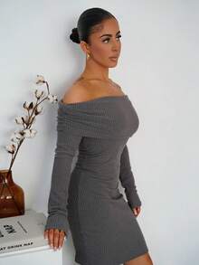 SAYEHFBABY 女士秋冬街头风 Y2K 日常休闲罗纹针织弹力紧身露肩迷你连衣裙 - 灰色 - 查看 4