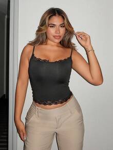 Maria Perezxox Women's Casual Everyday Commute Simple Solid Color Contrast Lace Fitted Cropped Camisole Tank Top, Summer - Black - View 1