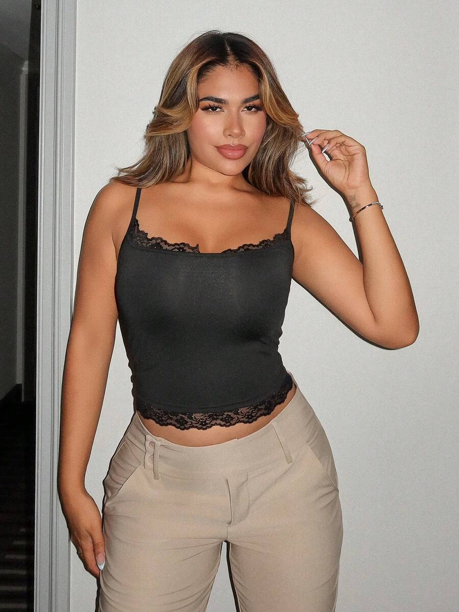 Maria Perezxox Women's Casual Everyday Commute Simple Solid Color Contrast Lace Fitted Cropped Camisole Tank Top, Summer - Black - View 1