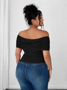 Elenzga Áo thun trễ vai thanh lịch, viền bất đối xứng, bo eo cỡ lớn dành cho nữ Áo trễ vai Áo trễ vai màu đen dành cho nữ Áo trễ vai cỡ lớn - màu đen - Xem 2