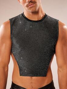 FeverCity Men's Fashionable Sleeveless Shiny Cropped Tank Top For Summer - Black - View 5