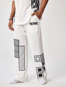 Tetris™ X SHEIN 男士休闲几何印花T恤和裤子套装，夏季 - 米色 - 查看 4