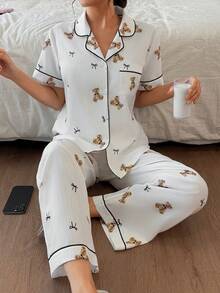 SHEIN Napfluff 可爱卡通熊印花蝴蝶结上衣和裤子女士睡衣套装，柔软睡衣套装，熊印花睡衣，可爱睡衣，春夏服装，可爱泰迪熊睡衣套装，卡哇伊睡衣，可爱睡衣套装 - 棕色 - 查看 6