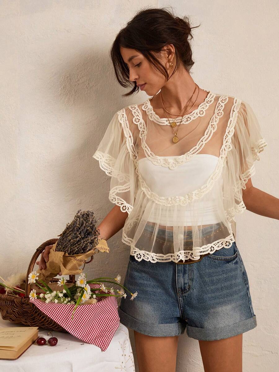 Easelle Apricot-Colored Tulle Ruffled Loose-Fitting Women's Blouse, Perfect For A Vacation Look, Spring/Summer 2026. - Apricot - View 1