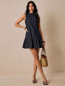 Poéselle New Women's Denim Dress, Casual Washed Denim Sleeveless Ruffle Dress, High-Neck Dress, Mini Dress, Dark Blue Dress. Summer Dresses Summer Outfits  Summer Holiday Outfits Elegant Dresses For Party  Bridesmaid Dress Graduation Dress For Women Ceremony Dress  Elegant Dresses  Summer Vacation Outfits  Formal Dress For Women - Dark Wash - View 3