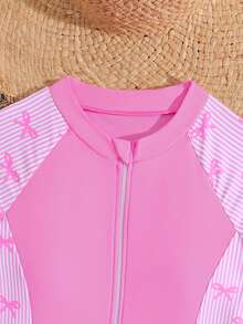 SHEIN 少女连体泳衣，条纹蝴蝶结针织面料，长袖，拉链设计，时尚休闲优雅，适合游泳、海滩、夏季度假 - 粉色 - 查看 3