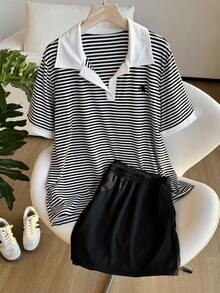 SHEIN EZwear Summer Casual 2-Piece Set,Black And White Striped Horse Embroidery Contrast Collar T-Shirt&Loose Shorts,Bussines School Back-To-School Plus Size Suit - Multicolor - View 4