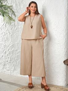 Rosumi Conjunto de 2 piezas de talla grande para mujer con top sin mangas de cuello redondo y pantalones capri con bolsillos, color caqui - Caqui - Ver 9
