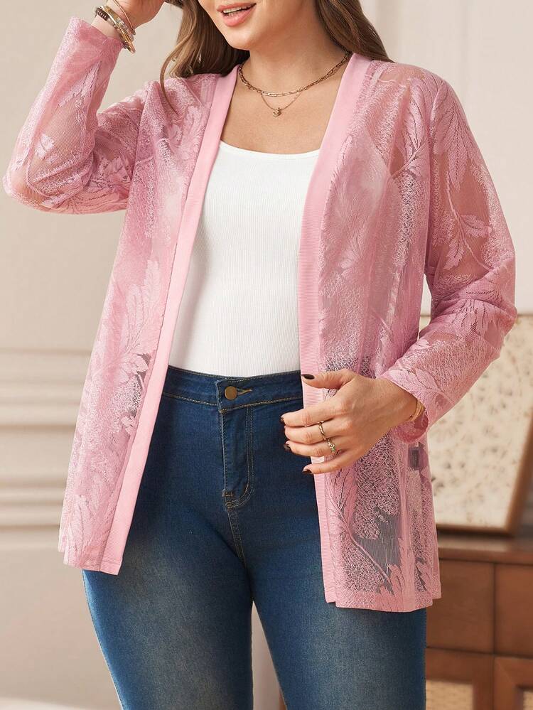 Plus Size Women's Summer Casual Vacation  Pink Long Sleeve Jacket, Summer\Vacation,Summer Holiday,Spring Break Outfits ,Vacation Outfits Women ,Holiday Outfits For Women,Going Out Outfits,2026 New Clothes,Simple And Fashionable For Everyday Wear,Suitable For Summer, Vacation, Daily Wear, Pink Cardigan For Women, Lace Cardigan, Lightweight Cardigan