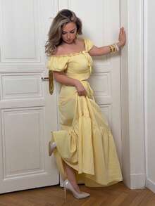 Jeta Ari New Off-Shoulder Puff Sleeve Front Tied Bow Waist Flared Hem Skirt Set, Vacation Casual Elegant Youthful Versatile Slimming Refined Ladies 2pcs Outfit - Yellow - View 4