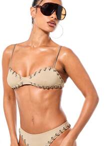 SUMWON WOMEN Women's Halter Neck Bikini Set With Lace Up Detail For Summer Beach Vacation Swimming Pool Party - Khaki - View 4