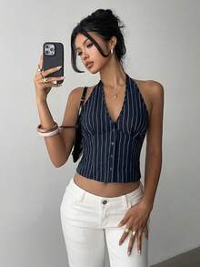 Aloruh 女士棉质条纹立领单排扣吊带背心薄款西装外套，秋冬季款 - 藏蓝色 - 查看 4