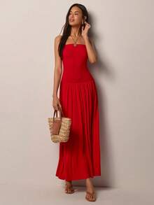 COSMINA Robe élégante froncée sans bretelles pour femmes, convient pour le printemps, les vacances, les rendez-vous, la Saint-Valentin, la plage - Rouge - Voir 3