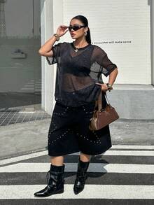 Muchica 大码女式休闲圆领短袖日常上衣 - 黑色 - 查看 4