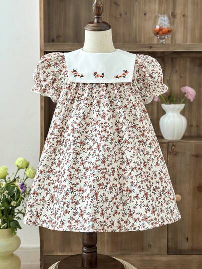 LMoss Kids Young Girl Chiffon Ditsy Floral Puff Sleeve Casual Dress