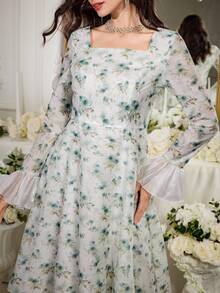 Modelyn 女士印花方领喇叭袖中长连衣裙 - 綠色 - 查看 4