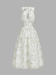 SHEIN MOD 花卉提花露背V领长裙，饰有蝴蝶结——复洛克风格，适合约会、派对、优雅宫廷风、节日、生日及舞会等场合。 - 彩色 - 查看 2