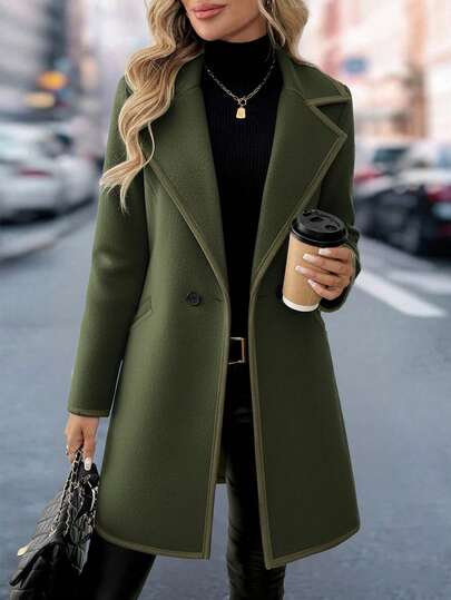 EMERY ROSE 女士优雅休闲通勤黑白拼接长款羊毛混纺大衣