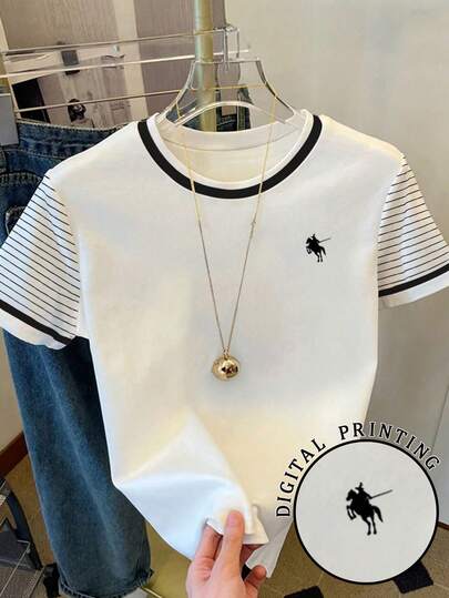 Teen Girl Retro American Campus Classic Mini Logo Knight Graphic Black & White Striped Cropped Short Sleeve Round Neck T-Shirt, Comfortable & Versatile For Daily Wear