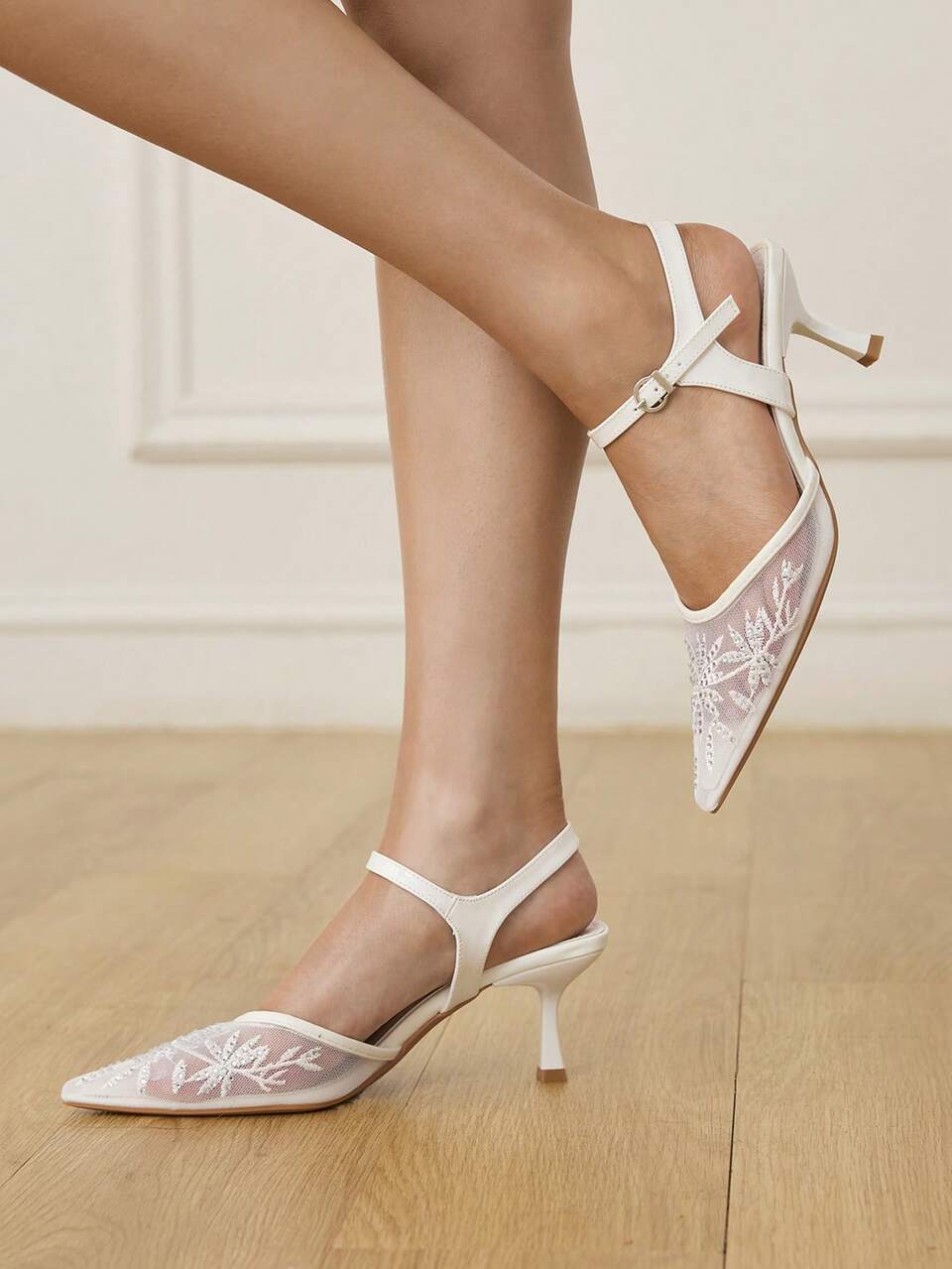 CUCCOO HITCHD Women's Spring/Summer New Pointed Toe White Mesh Rhinestone Ankle Strap Stiletto Heel Fashionable Versatile Sexy High Heel Sandals Wedding Shoes Spring Shoes Bride Shoes
