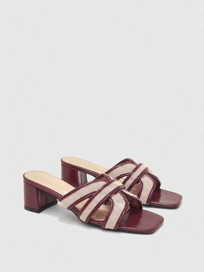 CUCCOO BIZCHIC Square Toe Striped Cross With Thick Heel Versatile Sandals, Square Toe Thick Heel Sandals, Simple And Fashionable Style, Suitable For Daily Wear Or Casual Occasions