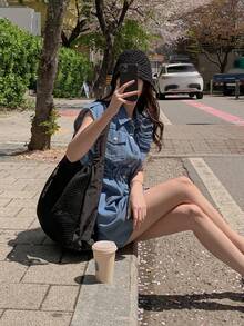 DAZY 女士休闲抽绳腰牛仔连衣裙，夏季 - 藍色 - 查看 3