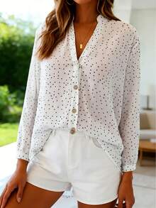 Selamara Women's Polka Dot V-Neck Single-Breasted Casual Versatile Daily Wear Long Sleeve Shirt - White - View 1
