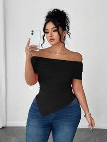 Elenzga Áo thun trễ vai thanh lịch, viền bất đối xứng, bo eo cỡ lớn dành cho nữ Áo trễ vai Áo trễ vai màu đen dành cho nữ Áo trễ vai cỡ lớn - màu đen - Xem 4