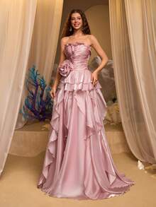 Glamrae 优雅奢华的无肩带欧根纱褶皱腰身手工3D立体花卉褶皱长裙，配以超大荷叶边下摆，适合婚礼、派对、度假、盛会、正式场合（装饰繁复） - 藕粉色 - 查看 8