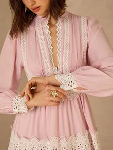 Enchnt Spring/Summer Romantic Women's Pink Floral Embroidery Lace Trim Long Sleeves Maxi Dress,Sweet&Elegant For Vacation&Date&Holiday&Going Out&Valentine's Day,Spring Outfit Women - Pink - View 8