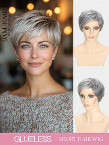 短款灰色刘海直发假发，日常佩戴，真人发丝，无蕾丝前额假发，机织假发，轻盈短款假发 - SGray - 查看 1