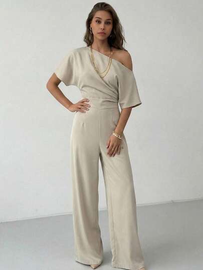 Aloruh Bộ jumpsuit màu mơ, đa năng, tối giản, tay áo cánh dơi bất đối xứng, eo xếp ly, trang phục mùa hè.