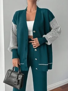 EURMUSE Dropped Shoulder Long Sleeve Loose Casual Front Button Striped Cardigan And Pants Set - Dark Green - View 2
