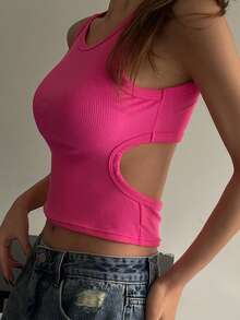 Women's Summer Round Neck Backless Hollow Design Fitted Cropped Casual Sexy Camisole Top Y2k - Pink - View 5